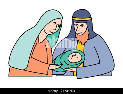 Mary and Joseph or mom and dad hug son name Jesus Christ.In cartoon version,vector illustration Stock Vector