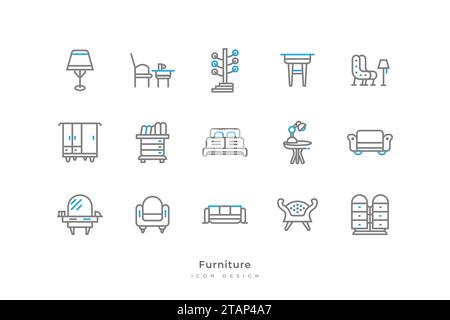 Set of Furniture Icons with Simple Line Style. Contains Lamp, Chair, Table, Cupboard, Wardrobe, Bookshelf, Bed, Mirror and More Stock Vector