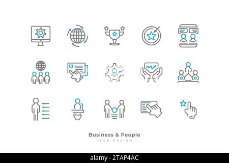 Set of Business and People Icons with Simple Line Style. Contains Computer, Cup, Goal, Human Resources, Business People, Structure and More Stock Vector