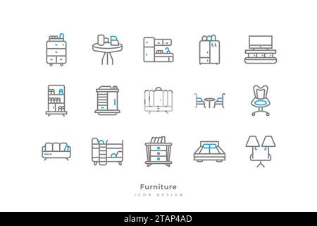 Set of Furniture Icons with Simple Line Style. Home Interior Elements, Containing Kitchen, Bookshelf, Bed, Lamp, Refrigerator, and More Stock Vector