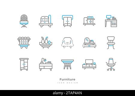Set of Furniture Icons with Simple Line Style. Contains Lamp, Chair, Table, Cupboard, Wardrobe, Workbench, Bookshelf, Bed, Mirror and More Stock Vector