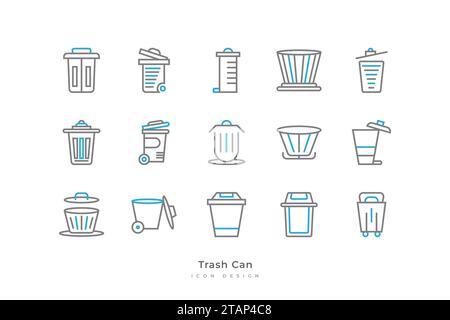 Trash Can Icon Set with Simple Line Style. Rubbish Bin Vector Illustration Stock Vector