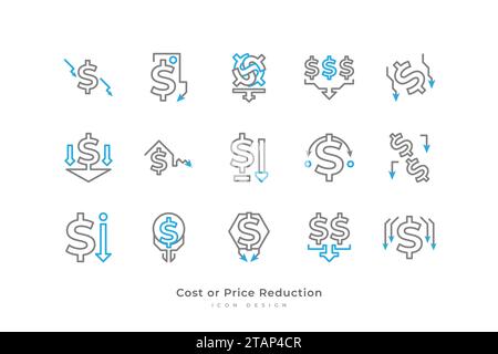 Cost or Price Reduction Icon Set with Simple Line Style. Business and Financial Illustration. Reduced Finance. Decrease Symbol Stock Vector