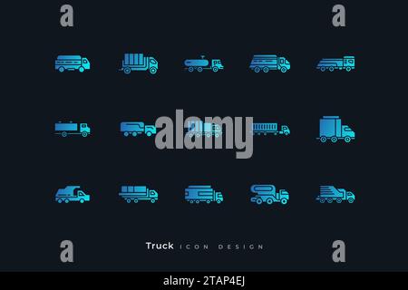 Collection of Truck Icons in Blue Gradient Style. Contains Tanker Trucks, Vans, Trailers and More Stock Vector