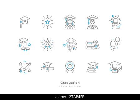 Graduation Icon Collection with Simple and Minimalist Line Style. Contains Graduation Cap, Toga, Scroll, Certificate, Book, Medal, and More Stock Vector