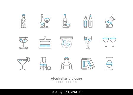 Alcohol and Liquor Icon Set with Simple Line Style. Contains Canned Beer, Champagne, Cocktails, Whiskey and More Stock Vector