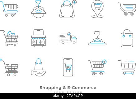 Shopping and E-Commerce Icon Collection with Line Style. Contains Cart, Shopping Basket, Delivery Truck, Store and More Stock Vector