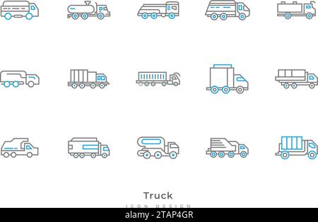 Truck Icon Set with Various Shapes in Line Style. Contains Tanker Truck, Van, Trailer and More Stock Vector