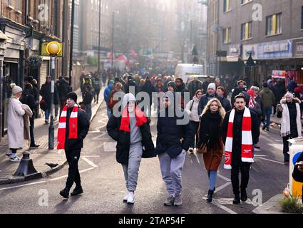 Arsenal fans outside the ground ahead of the Premier League match at the Emirates Stadium, London. Picture date: Saturday December 2, 2023. Stock Photo