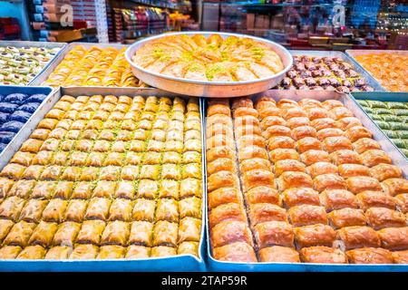 Turkish baklava Bazaar store in Istanbul view, famous food of Turkey Stock Photo
