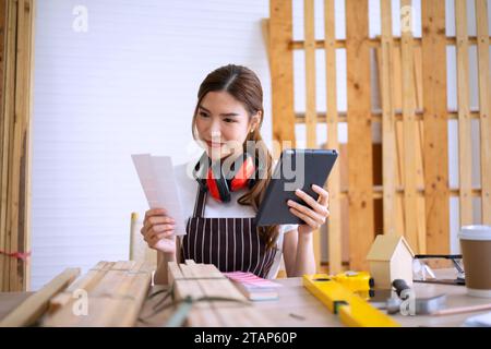 Carpenter work at workshop. Small business and craft product concept. Stock Photo