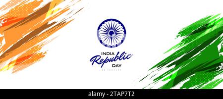 26th January Happy Republic Day of India. Indian Tricolor Flag Illustration in Brush Style Stock Vector