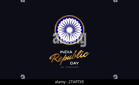 26th January Happy Republic Day of India. Indian Republic Day Celebration Background with Ashoka Chakra Isolated on Dark Background Stock Vector