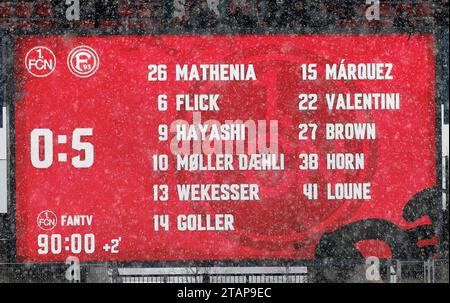 Nuremberg, Germany. 02nd Dec, 2023. Soccer: Bundesliga 2, 1. FC Nürnberg - Fortuna Düsseldorf, Matchday 15, Max-Morlock-Stadion. Scoreboard after 90 minutes. Credit: Heiko Becker/dpa - IMPORTANT NOTE: In accordance with the regulations of the DFL German Football League and the DFB German Football Association, it is prohibited to utilize or have utilized photographs taken in the stadium and/or of the match in the form of sequential images and/or video-like photo series./dpa/Alamy Live News Stock Photo