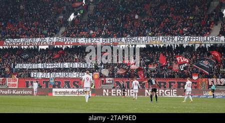 Nuremberg, Germany. 02nd Dec, 2023. Soccer: Bundesliga 2, 1. FC Nürnberg - Fortuna Düsseldorf, Matchday 15, Max Morlock Stadium. Protest poster of the Nuremberg fans. Credit: Heiko Becker/dpa - IMPORTANT NOTE: In accordance with the regulations of the DFL German Football League and the DFB German Football Association, it is prohibited to utilize or have utilized photographs taken in the stadium and/or of the match in the form of sequential images and/or video-like photo series./dpa/Alamy Live News Stock Photo