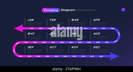 Modern and Colorful Infographic Design Template with Calendar and Arrows . Timeline Diagram Presentation Design with 12 Options Stock Vector