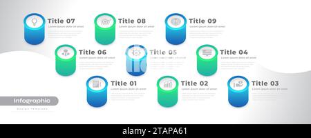 Modern Infographic Design Template with 9 Options or Steps. Can be used for Presentation, Workflow Layout, Diagram, or Annual Report. Timeline Diagram Stock Vector
