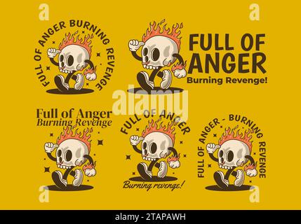 Full of anger, burning revenge. Vintage mascot character illustration of burning skull Stock Vector