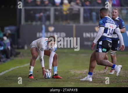 Exeter Chiefs' Henry Slade (left) scores a try for his team during the Gallagher Premiership match at The Recreation Ground, Bath. Picture date: Saturday December 2, 2023. Stock Photo