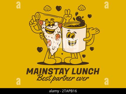 Mainstay lunch, best partner ever. Mascot character illustration of a coffee mug and a slice pizza Stock Vector