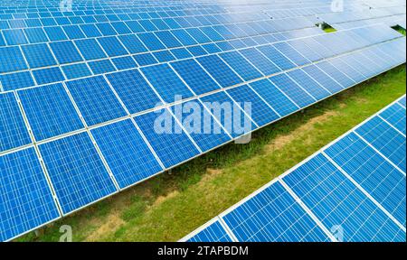Aerial view of Solar Panels Farm Solar Cell Station. Production of clean energy. Renewable green alternative energy concept. Stock Photo
