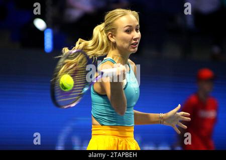 Saint Petersburg, Russia. 02nd Dec, 2023. Anastasia Potapova of Russia plays against Veronika Kudermetova ( not pictured) of Russia during the exhibition tennis match of the North Palmyra Trophies - International Team Exhibition Tennis Tournament at KSK Arena. Final score; Anastasia Potapova 2:0 Veronika Kudermetova. Credit: SOPA Images Limited/Alamy Live News Stock Photo