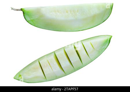 Die cut of Cantaloupe melon slices and pieces isolated on white isolated Stock Photo