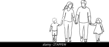 continuous single line drawing of mother and father with two children walking hand in hand, family line art vector illustration Stock Vector