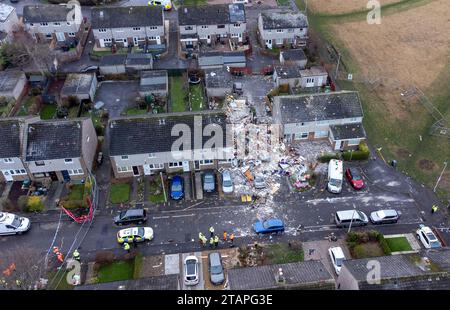 The scene on Baberton Mains Avenue, Edinburgh, after an 84-year-old man has died following an explosion at a house on Friday night. Picture date: Saturday December 2, 2023. Stock Photo