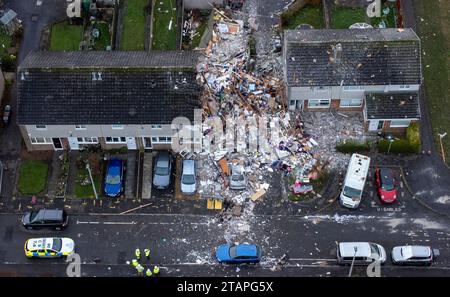 The scene on Baberton Mains Avenue, Edinburgh, after an 84-year-old man has died following an explosion at a house on Friday night. Picture date: Saturday December 2, 2023. Stock Photo