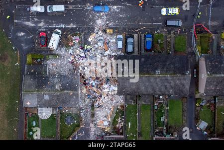 The scene on Baberton Mains Avenue, Edinburgh, after an 84-year-old man has died following an explosion at a house on Friday night. Picture date: Saturday December 2, 2023. Stock Photo