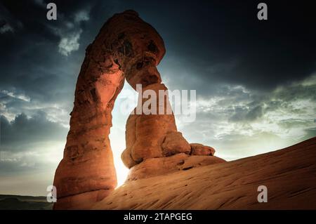 Delicate Arch is one of the most famous natural arches in the world. It is located in Arches National Park in Utah, and is one of the state's symbols. Stock Photo