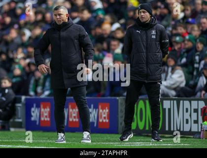 Steven Schumacher manager of Plymouth Argyle and Mark Hughes Assistant Manager of Plymouth Argyle during the Sky Bet Championship match Plymouth Argyle vs Stoke City at Home Park, Plymouth, United Kingdom, 2nd December 2023 (Photo by Stan Kasala/News Images) in, on 12/2/2023. (Photo by Stan Kasala/News Images/Sipa USA) Credit: Sipa USA/Alamy Live News Stock Photo