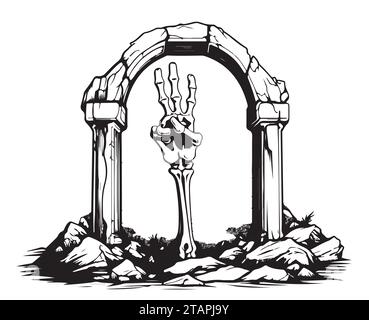 Bone hand sticking out of the grave hand drawn sketch vector illustration Stock Vector