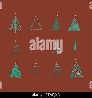 Set of abstract hand-drawn Christmas tree logo for new year celebration Stock Vector