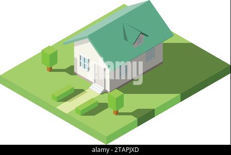Vector Isometric of House with green dormer roof on the grass with garden for Icon, Infographic design. Stock Vector
