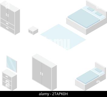 Set of Bedroom Furniture, Isometric Drawing Vector. Stock Vector