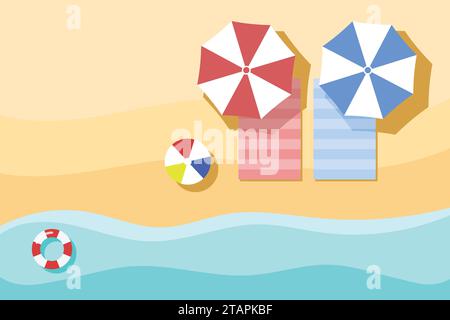 Top view of Beach, summer background. with umbrella, towel, beach ball, swim tube. view from above. Stock Vector