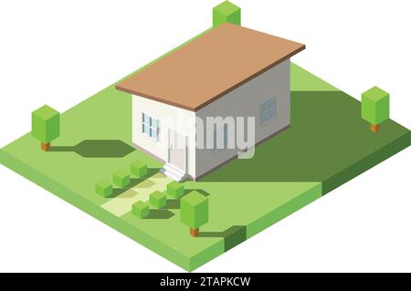 Vector Isometric of House with orange lean roof on the grass with garden for Icon, Infographic design. Stock Vector