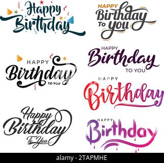 Happy birthday icons. Anniversary event festive calligraphy background, birth day party congratulation handwritten sign or happy birthday greeting Stock Vector