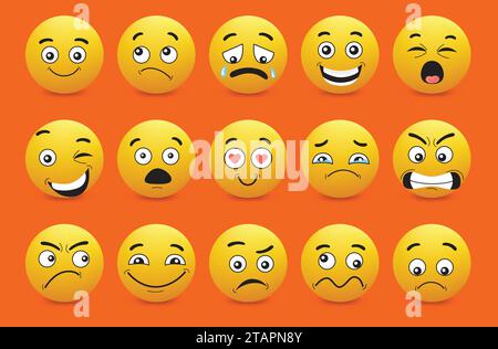 Big set of yellow emoji. iOS emoji, emoticons. WhatsApp emoji. Funny emoticons faces with facial expressions. Stock Vector