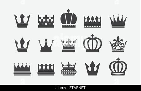 Big collection quolity crowns. Crown icon set. Collection of crown silhouette. Stock Vector