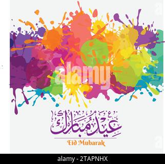 Eid Mubarak calligraphy lettering with star, crescent moon and floral designs Stock Vector