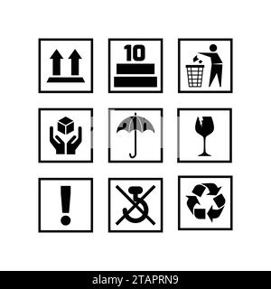 Fragile package icons set, handle with care logistics and delivery shipping labels, fragile box, cargo warning vector signs 10 EPS. Stock Vector