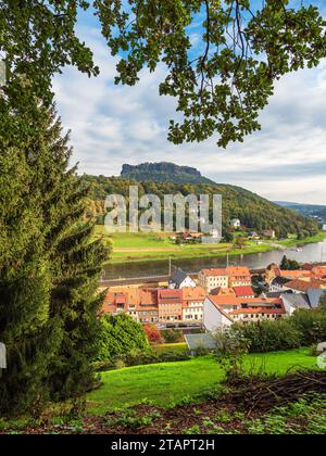 View Over The River Elbe To Saxon Switzerland And The City Of Königstein. Stock Photo