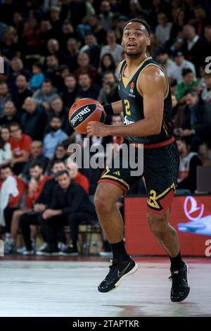 AS Monaco #2 Jaron Blossomgame is seen in action during the Turkish Airlines Euroleague Round 11 match between AS Monaco and Olympiacos Piraeus at the Gaston Medecin hall in Monaco. Final score; AS Monaco 85 : 77 Olympiakos. Stock Photo