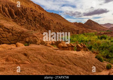 Amazing rock formation shaped like fingers rock formations near Tamellalt in the Dades Valley. Red Sandstone Rock.  Atlas Mountains, Morocco, Africa Stock Photo