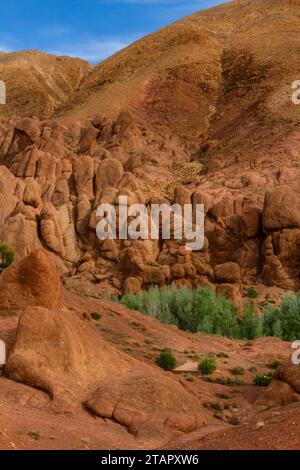 Amazing rock formation shaped like fingers rock formations near Tamellalt in the Dades Valley. Red Sandstone Rock.  Atlas Mountains, Morocco, Africa Stock Photo