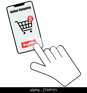 Online Shopping buy Now Concept.  Outline of finger pointing to buy now button on website Stock Vector