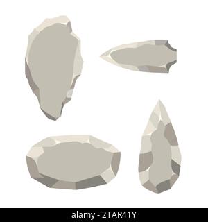 Ancient stone tools set isolated on white background. Primitive culture Stone age tool in flat style. Vector illustration. Stock Vector